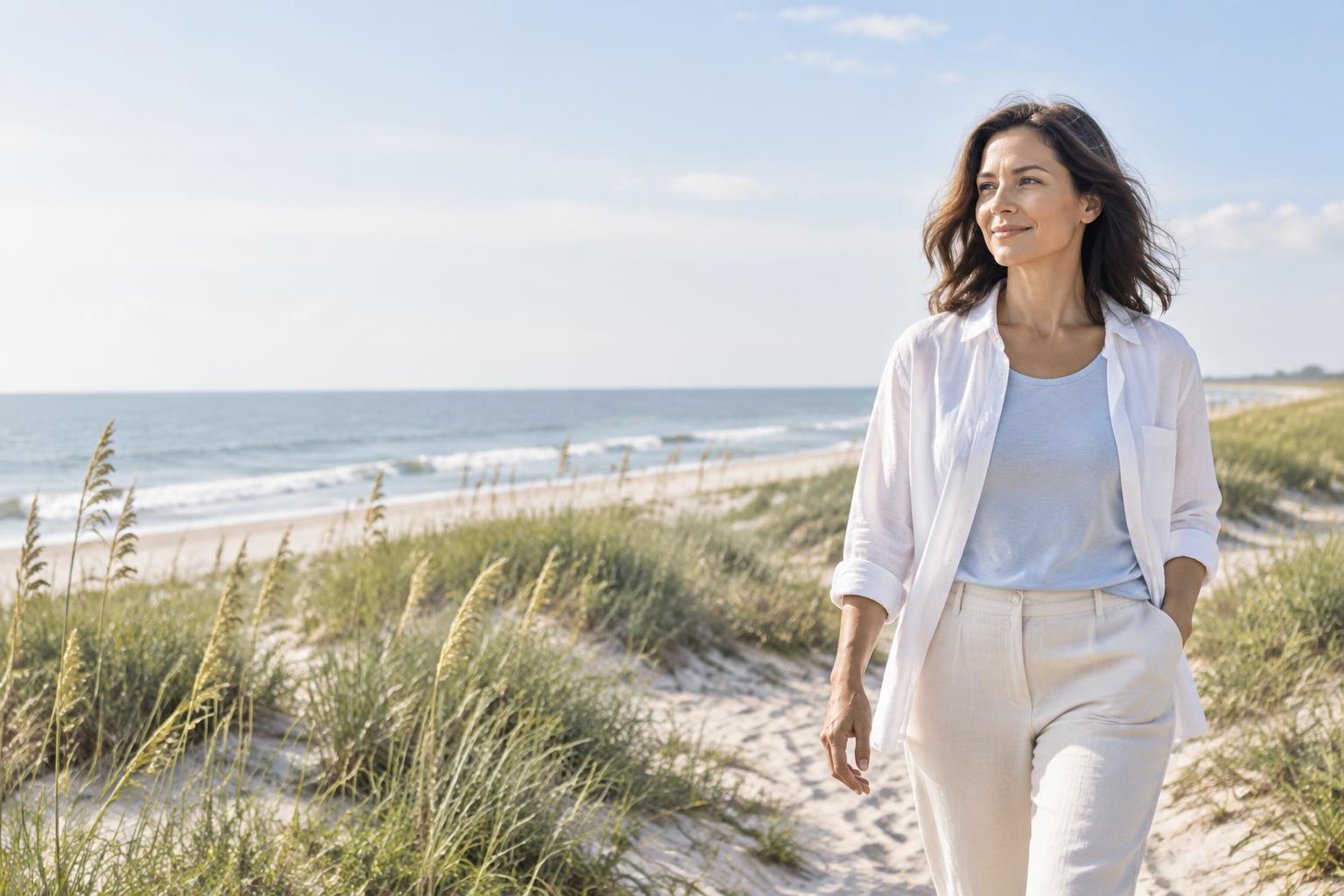 A woman enjoying a quiet walk beside the ocean